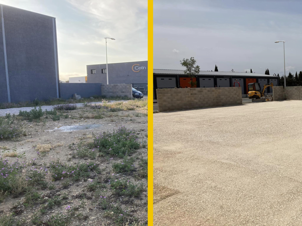 Réfection d’une entrée de hangar (500m²), 100t de 0/20 concassé. Mise en forme et compactage à l'espace Polygone Nord de Perpignan